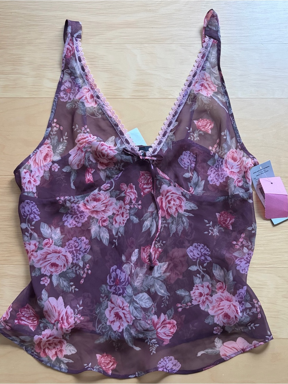 Jones New York Plum Floral Sheer Cami with Pink Roses